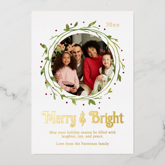 Carte De Vœux En Aluminium Photo moderne Merry & Bright Script Wreath (Recto)