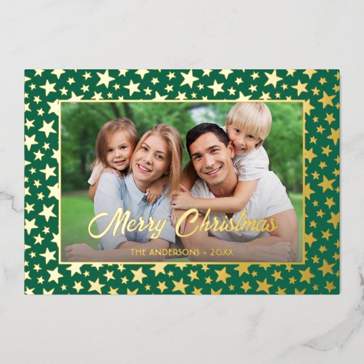Carte De Vœux En Aluminium Photo moderne Noël élégant script étoiles vert (Recto)