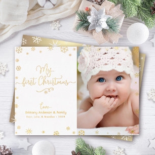 Carte De Vœux En Aluminium Photo Mon premier Noël Baby Snowflakes Real Gold