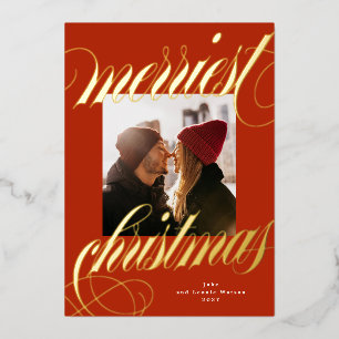 Carte De Vœux En Aluminium photo rouge calligraphie dorée Noël le plus joyeux