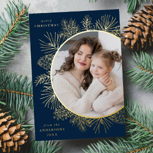 Carte De Vœux En Aluminium Photo Russe Navy et Gold Pinecones
