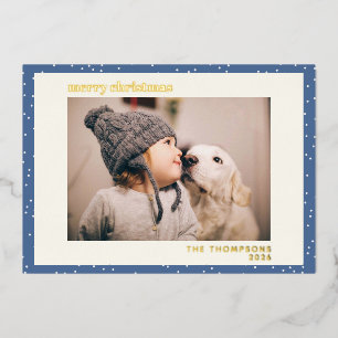 Carte De Vœux En Aluminium Photo simple neige pois bleus Or