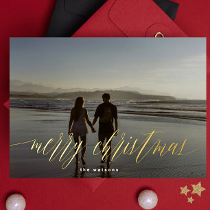 Carte De Vœux En Aluminium Photographie de Joyeux Noël en calligraphie dorée