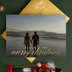 Carte De Vœux En Aluminium Photographie de Joyeux Noël en calligraphie dorée