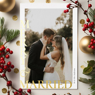 Carte De Vœux En Aluminium Photos de mariage joyeux modernes écriture or