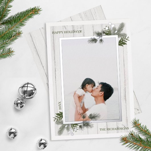 Carte De Vœux En Aluminium Pin festif & Bois blanc rustique Shiplap Photo