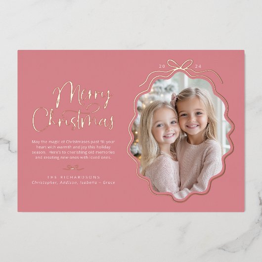 Carte De Vœux En Aluminium Pink Simple Bow Wavy Photo Noël (Recto)