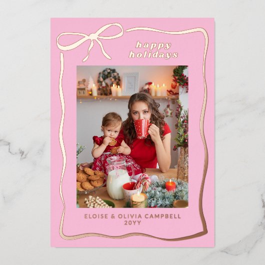 Carte De Vœux En Aluminium Pink Whimsical Handdrawn Bow Frame Photo (Recto)