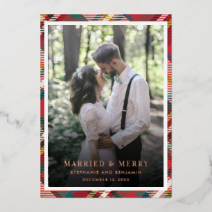 Carte De Vœux En Aluminium Plaid Christmas Photo Marié et Joyeux Rose Gold