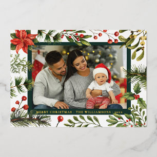 Carte De Vœux En Aluminium Plaid Floral Poinsettia Famille Photo Tartan Gold