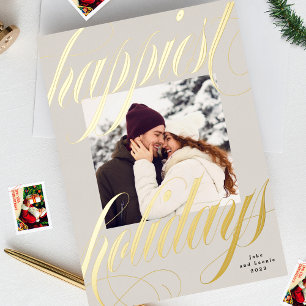 Carte De Vœux En Aluminium plus joyeux Noël calligraphie une photo beige