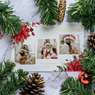 Carte De Vœux En Aluminium Poinsettia & Joyeuse typographie de Noël 3 photos