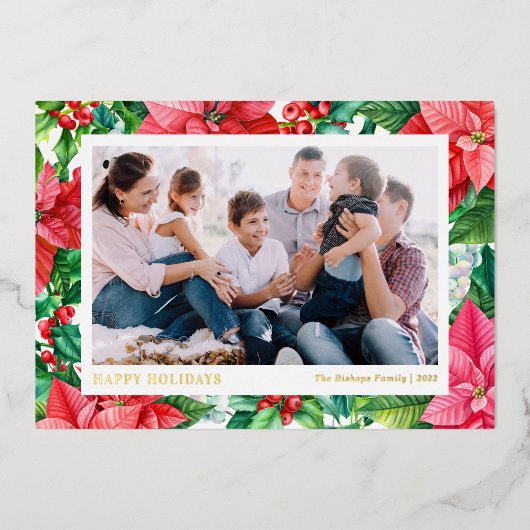 Carte De Vœux En Aluminium Poinsettias et Baies Aquarelle Joyeuses Fêtes (Recto)