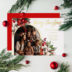 Carte De Vœux En Aluminium Poinsettias et Pine Arched Photo Joyeux Noël
