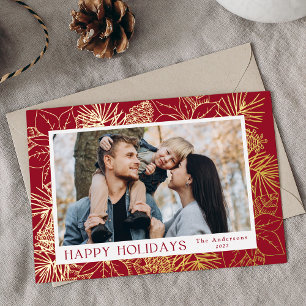Carte De Vœux En Aluminium Poinsettias et pommes de pin dorés