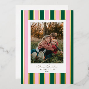 Carte De Vœux En Aluminium Preppy Striped Christmas Photo Gold Rose Green