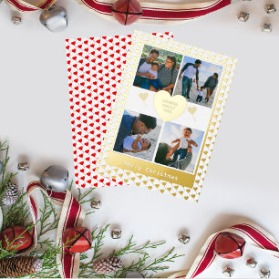 Carte De Vœux En Aluminium Quatre Photo Nom de famille Gold Red Hearts Noël