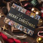 Carte De Vœux En Aluminium Quelle Année ! 12 Collage de photos | Noël<br><div class="desc">Un collage photo moderne carte de noël, avec 12 de vos photos préférées de l'année, dans un style de bande de photo, sur un arrière - plan noir avec un véritable salut de noël modèle de feuille d'or. Les styles de police et la couleur arrière - plan peuvent être changés...</div>