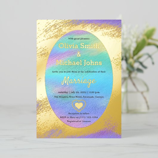 Carte De Vœux En Aluminium Rainbow Golden abstrait peinture Mariage Invitatio (Debout devant)