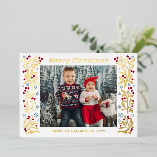Carte De Vœux En Aluminium Red Berry Twig Snowflakes Frame Merry Christmas (Debout devant)
