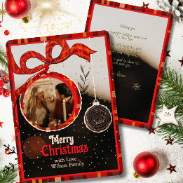 Carte De Vœux En Aluminium Red Bow Plaid & Gold Foil Single Photo Christmas