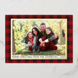 Carte De Vœux En Aluminium Red Buffalo Plaid Joyeux Noël Photo Gold