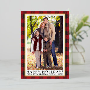 Carte De Vœux En Aluminium Red Buffalo Plaid Photo Happy Holidays Gold