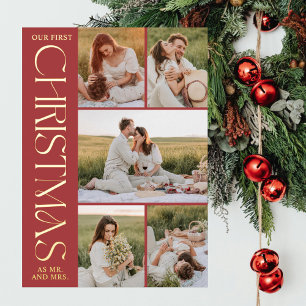 Carte De Vœux En Aluminium Red Gold Couple First Christmas Photo Collage Arch