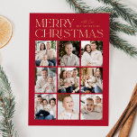 Carte De Vœux En Aluminium Red Modern Christmas 9 Photo Collage<br><div class="desc">Carte photo moderne de Noël avec "Joyeux Noël" affichée en haut du design en papier doré tendance avec un arrière - plan rouge. Un collage photo de 9 photos est présenté ci-dessous dans une mise en page en grille. Personnalisez la carte de Noël multiphoto avec votre nom de famille. La...</div>