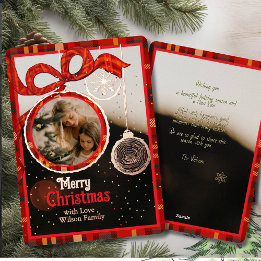 Carte De Vœux En Aluminium Red Ribbon Plaid Gold Foil Single Photo Christmas