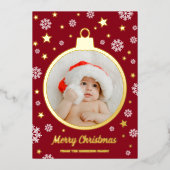 Carte De Vœux En Aluminium Red Snowflakes Gold Stars Joyeux Noël Bauble (Recto)