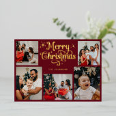 Carte De Vœux En Aluminium Retro Red and Gold Merry Christmas Family Photo (Debout devant)