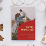 Carte De Vœux En Aluminium Retro Red Arch Design Joyeux Noël Photo Gold<br><div class="desc">Un design moderne en arc Joyeuse carte de Noël avec une couleur rouge classique et feuille d'or,  pour customiser avec votre propre texte et image de famille.</div>