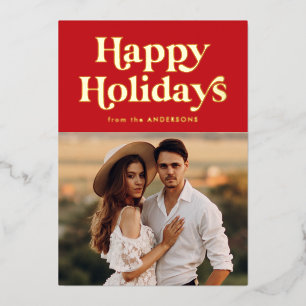 Carte De Vœux En Aluminium Retro Type Happy Holidays Photo Rouge et Or
