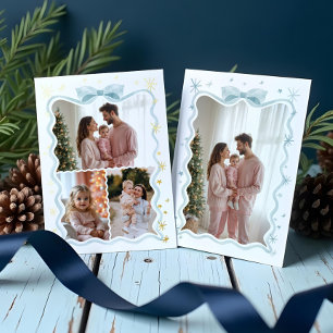 Carte De Vœux En Aluminium Retro Wavy Blue Bow Ribbon & Stars Photos Collage