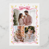 Carte De Vœux En Aluminium Retro Wavy Pink Bow Ruban & Stars Photos Collage (Recto)
