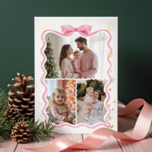 Carte De Vœux En Aluminium Retro Wavy Pink Bow Ruban & Stars Photos Collage