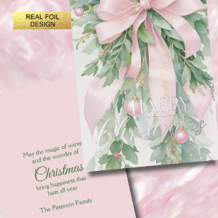 Carte De Vœux En Aluminium Ribbon de Noël rose satin vert creux