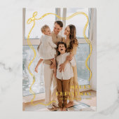 Carte De Vœux En Aluminium Ribbon en or Whimsical Famille Photo Joyeux Noël (Recto)