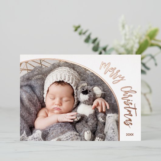 Carte De Vœux En Aluminium Rose Gold Joyeux Noël Écriture (Debout devant)