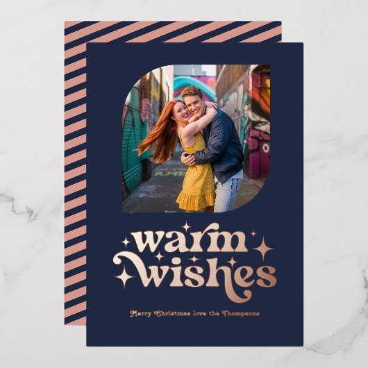 Carte De Vœux En Aluminium Rose Gold & Marine Blue Moderne Retro Photo de Noë (Recto/Verso)