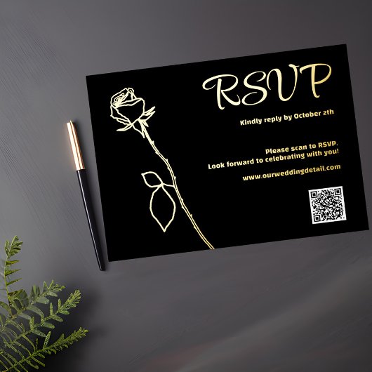 Carte De Vœux En Aluminium Rose noir et or code QR Mariage RSVP