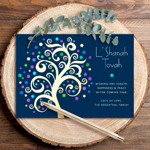 Carte De Vœux En Aluminium Rosh Hashanah Bleu Nuit Arbre de Vie Or Réel