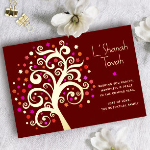 Carte De Vœux En Aluminium Rosh Hashanah Bourgogne Arbre de Vie Véritable Or
