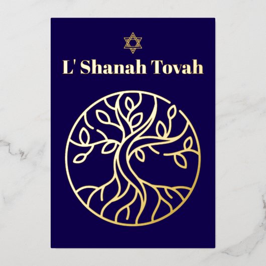Carte De Vœux En Aluminium Rosh Hashanah Gold Foil Arbre de vie bleu (Recto)