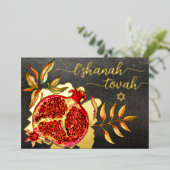 Carte De Vœux En Aluminium Rosh Hashanah Grenade Rouge Aquarelle Or Réel (Debout devant)