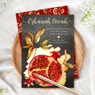 Carte De Vœux En Aluminium Rosh Hashanah Rouge Aquarelle grenade Véritable Or