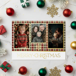 Carte De Vœux En Aluminium Rouge rustique et vert à carreaux Joyeux Noël Phot
