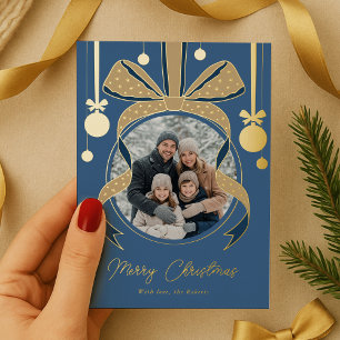 Carte De Vœux En Aluminium Ruban à nœud ornemental de Noël unique Photo Bleu