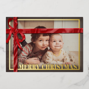 Carte De Vœux En Aluminium Ruban de satin rouge photo de famille Noël Or